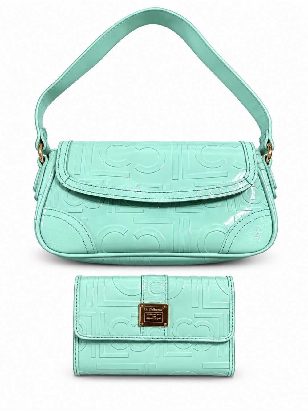 Liz Claiborne Mint Aqua Patent Embossed Shoulder Bag & Matching Wallet Set